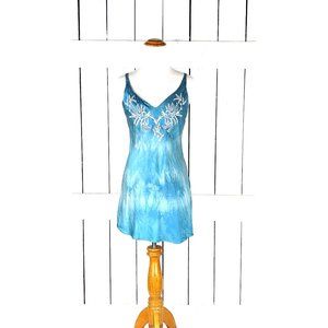 Vintage Victorias Secret blue tie dye silk floral embroidered teddy lingerie sli